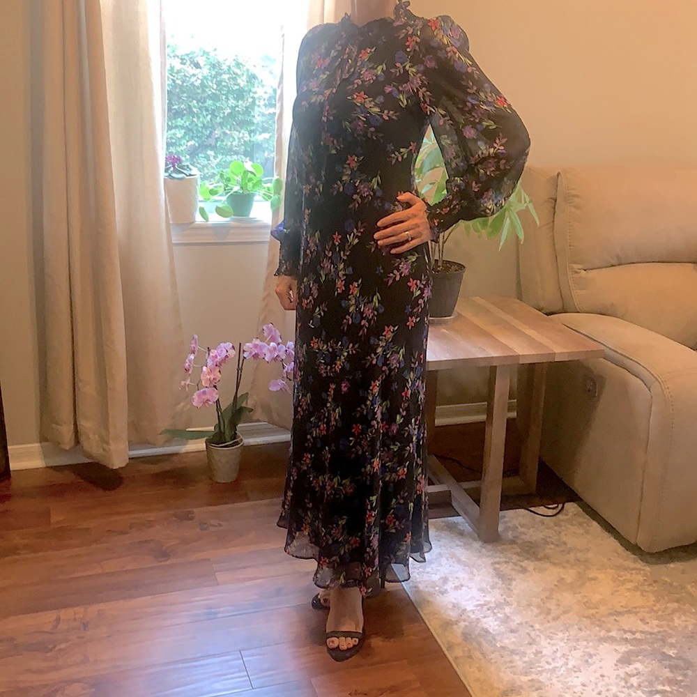 Floral black long dress with long sleeves